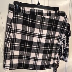 Antonio Melani Woven Brushed Plaid Fringe High Rise Wrap Front Mini A-Line Skirt